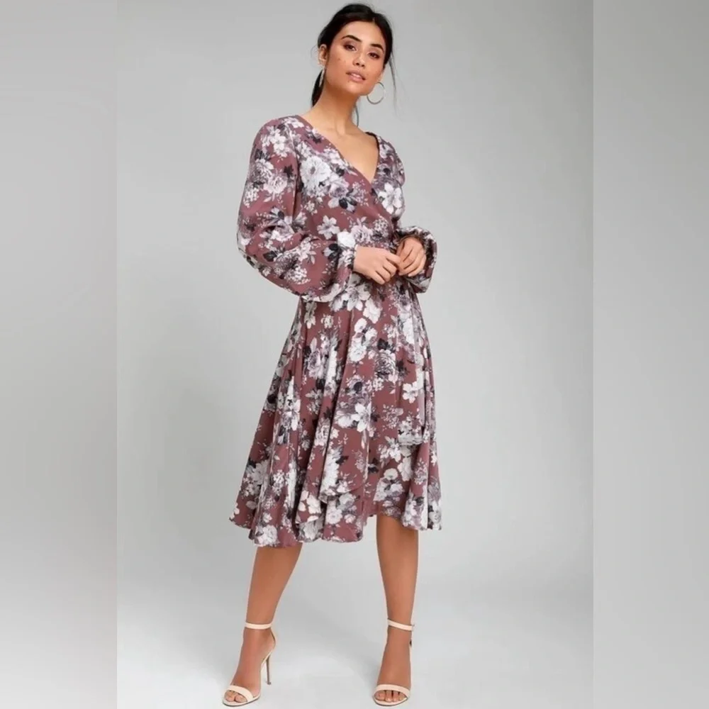 NWT Lulu's Lunette Dusty Purple Floral Midi Dress Size Small Coquette Romantic